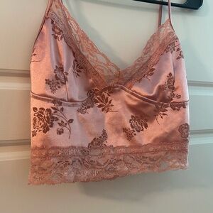 Floral Lace Trim Satin Crop Top - Pink